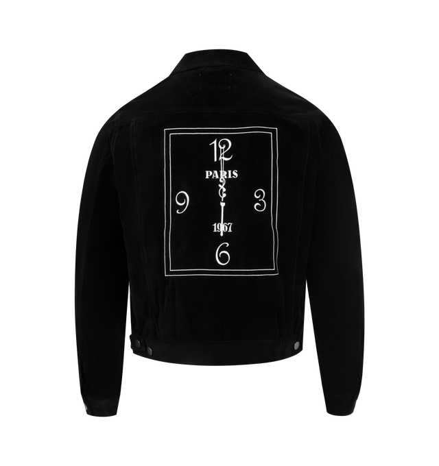 Image 2 of 3 - BLACK - MIDNIGHT RODEO Velour Trucker Jacket featuring button closure, slightly cropped, Midnight in Paris embroidery on back, waist buttons for adjustable fit, arms longer than body and Midnight Rodeo embroidery. 