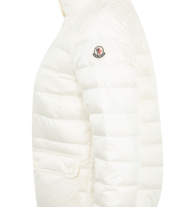 Image 3 of 3 - WHITE - MONCLER Lans Short Down Jacket featuring tech fabric with down fill, standup collar featuring snap buttons, zip-up closure, flap pockets and logo patch at sleeve. 100% polyamide/nylon. Padding: 90% down, 10% feather. Made in Armenia. 