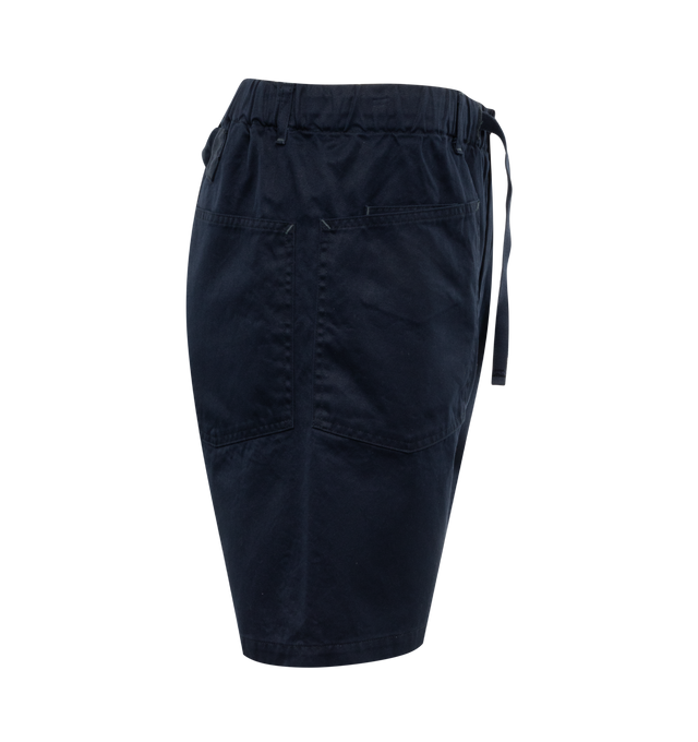 Image 3 of 3 - NAVY - POST O'ALLS E-Z Army Shorts featuring elasticated waistband, belt loops, button closure, patch pockets and cinch on reverse. 100% cotton. Made in Japan. 
