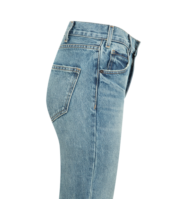 Image 3 of 3 - BLUE - NILI LOTAN Roe Jean featuring mid-rise, flare leg, Japanese non-stretch denim, fitted through hips, opens to a flare leg, zip fly, shank closure, five pocket detail and belt loops. 100% cotton. Made in USA. 