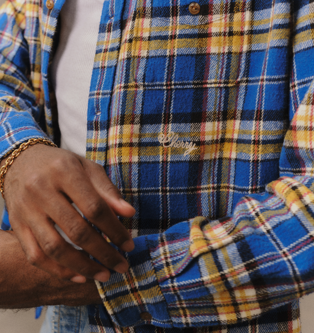 Image 6 of 6 - BLUE - Cherry LA Plaid Classic Shirt is crafted from cotton and features a custom brushed plaid pattern, a relaxed-fit silhouette, and classic Western-inspired detailing. Designed with embroidery beneath the wearer's left chest pocket and finished with four-hole cat-eye buttons, this versatile shirt combines heritage influences with everyday comfort. Main Material: Cotton. 