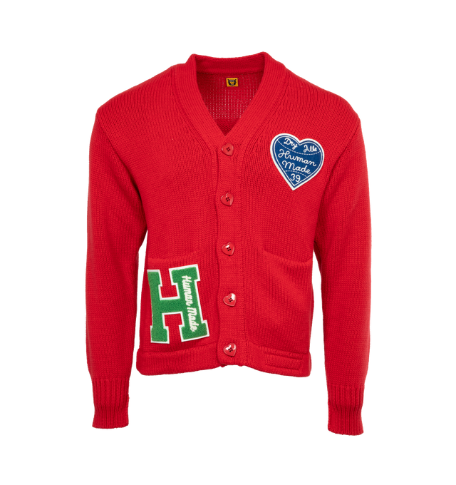 RED - HUMAN MADE Low Gauge Knit Cardigan featuring patchwork, rib-knit trims and button closure. 100% cotton.