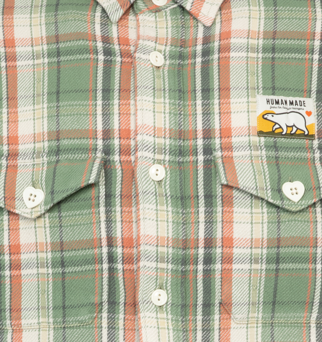 Image 3 of 4 - GREEN - HUMAN MADE Check shirt featuring polar bear motif on the back, polar bear name tag attached to the front and heart-shaped buttons.  