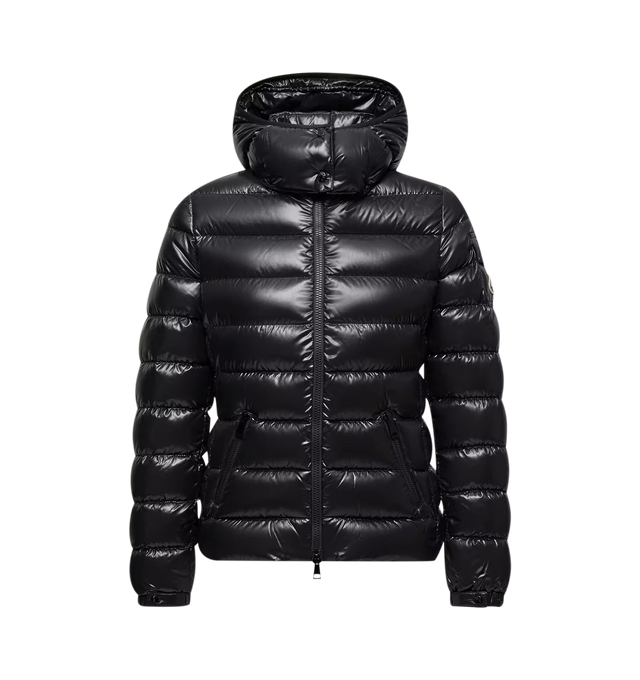 Image 1 of 1 - BLACK - Moncler Women's Bady Hooded Short Down Jacket is crafted from glossy nylon laqu and features the houses iconic boudin-quilted silhouette. A timeless Moncler design, this down-filled jacket is detailed with a detachable hood adjustable by an elastic drawstring, a front zip closure, zipped side pockets, and adjustable elastic cuffs. The signature flap patch pocket at the sleeve completes the recognizable design. Main Material: 100% Polyamide/Nylon. Lining: 100% Polyamide/Nylon. Hood Lin 
