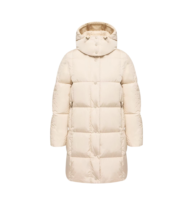 Image 1 of 1 - NEUTRAL - Moncler Women's Litte Square-Quilted Hooded Long Down Jacket is crafted from water-repellent nylon technique with a silky smooth finish and features distinctive geometric square quilting. Designed as a sophisticated cold-weather staple, this down-filled long coat is finished with a detachable and adjustable hood, a two-way zip closure with snap-button placket, zipped pockets, and elasticized cuffs. Balancing technical performance with refined style, the streamlined silhouette transi 