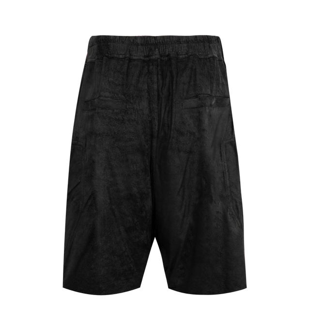 Image 2 of 3 - BLACK - Rick Owens Bahaus Bela shorts crafted from black blister lamb leather. Knee-length style featuring an elasticized waistband with drawstring, low crotch, exposed center zipper with 2 snap detail at the bottom, side welt pockets with eyelet and rivet detail, and Bahaus zippered pockets with large eyelets. 100% lighweight lamb leather with an uneven, blistered texture made in Italy. Pockets- cow leather. Lining- cotton.  
