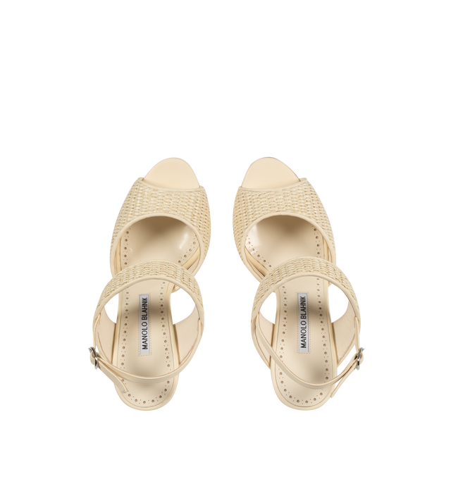 Image 4 of 4 - NEUTRAL - MANOLO BLAHNIK Khiko 90 Slingback Sandals featuring buckle-fastening slingback strap, round toe and chunky block heel. 90MM. Leather and rattan.  