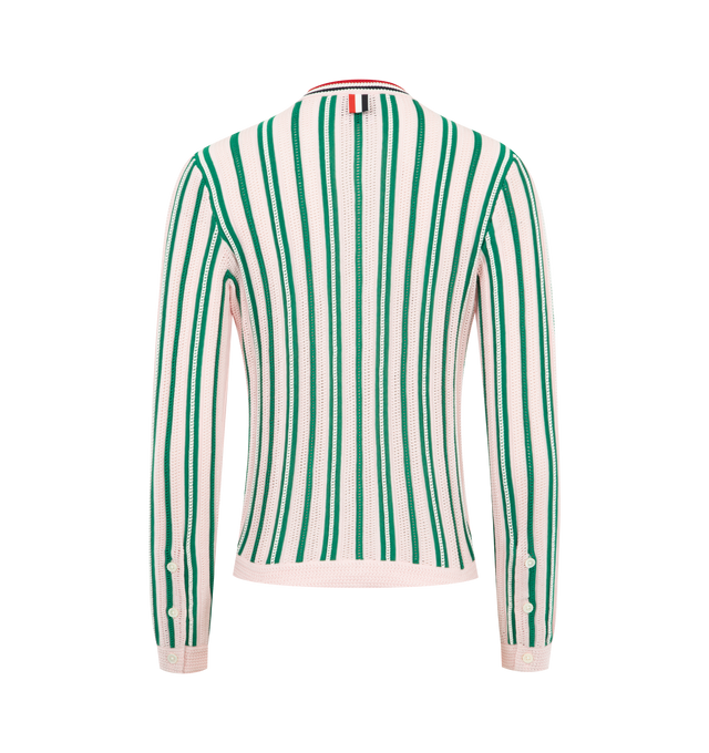 Image 2 of 2 - MULTI - THOM BROWNE Crochet Stitch Stripe Cardigan featuring crew neck, RWB stripe collar and placket, front button closure, two front patch pockets, stripes throughout and signature striped grosgrain loop tab. 100% cotton. Made in Italy. 