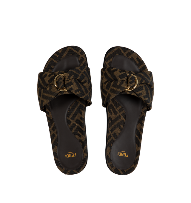 Image 4 of 4 - BROWN - FENDI Feel Slide featuring flat sides with knotted band, jacquard fabric with the iconic brown FF motif in brown and tobacco and gold-finish metalware. 10MM. 65% polyamide, 35% cotton, 100% resins. Inside: 100% lamb leather. Made in Italy. 