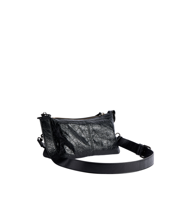 Image 2 of 4 - BLACK - BALENCIAGA Le City Moto Mini Bag in Arena lambskin featuring one removable shoulder strap, adjustable and removable crossbody strap, crossbody and shoulder carry, zipped closure with knotted leather puller, front zipped pocket with knotted leather puller, 1 main compartment, 1 inner zipped pocket and cotton canvas lining. 8.8" x 5.9" x 3.7". Lambskin. Made in Italy. 