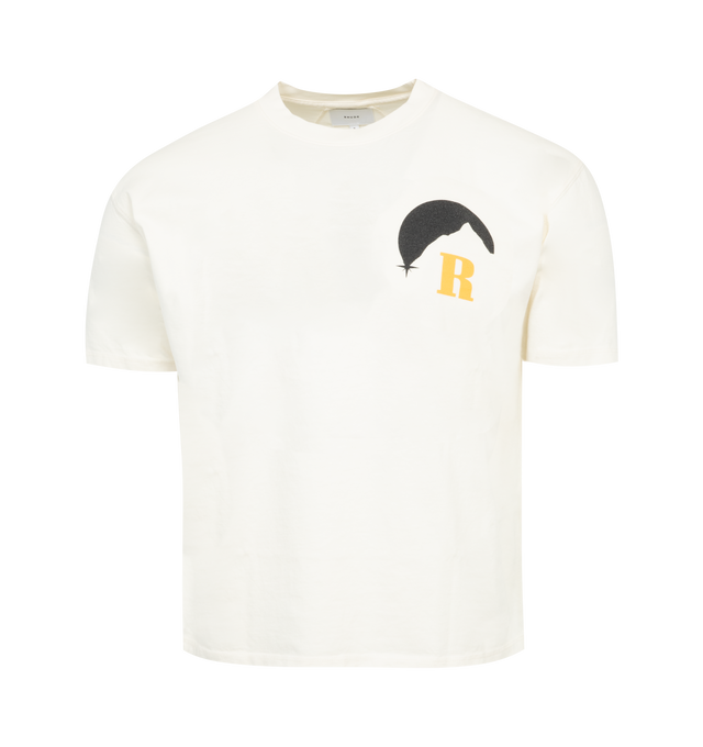 WHITE - RHUDE Moonlight Tee featuring short sleeves, rib knit crewneck, logo graphic printed at chest and logo and graphic printed at back. 100% cotton.