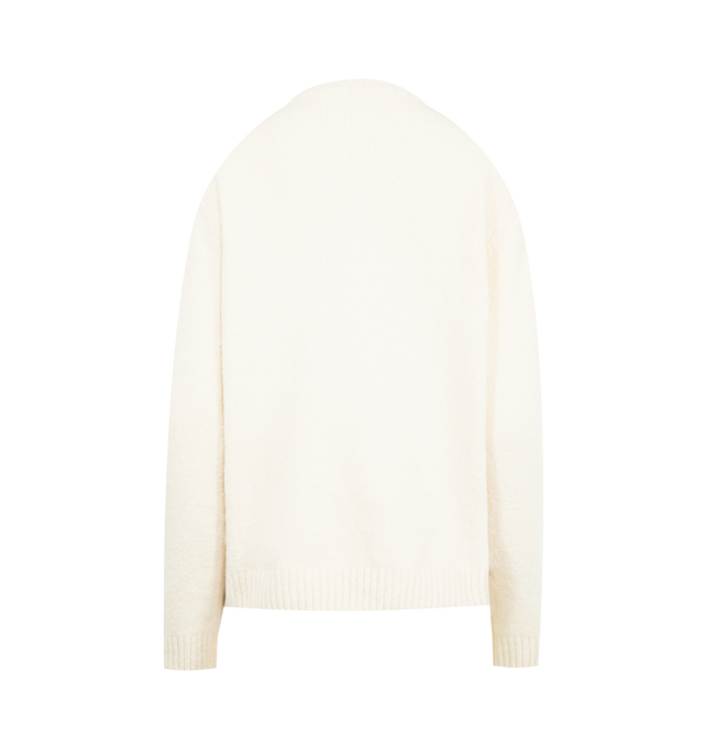 Image 2 of 3 - WHITE - MONCLER Embroidered Logo Cotton Blend Sweater featuring a cotton blend, gauge 5, crew neck, button closure at the shoulder and embroidered logo. 80% cotton, 16% polyamide/nylon, 4% elastane/spandex. Made in Italy. 
