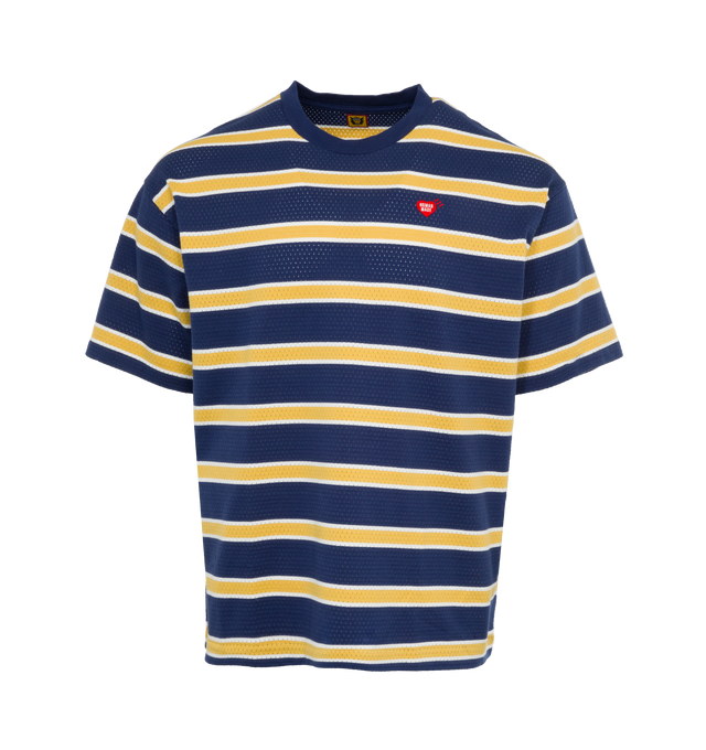 Image 1 of 2 - NAVY - HUMAN MADE Striped Mesh T-Shirt featuring crew neck, short sleeves, mesh and striped throughout.  
