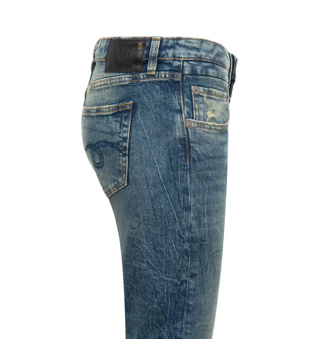 Image 3 of 3 - BLUE - R13 Straight Boy Jeans featuring zip fly with button closure, 5 pocket design, intentionally distressed areas and heavy whiskering and fading detail. 100% cotton.  