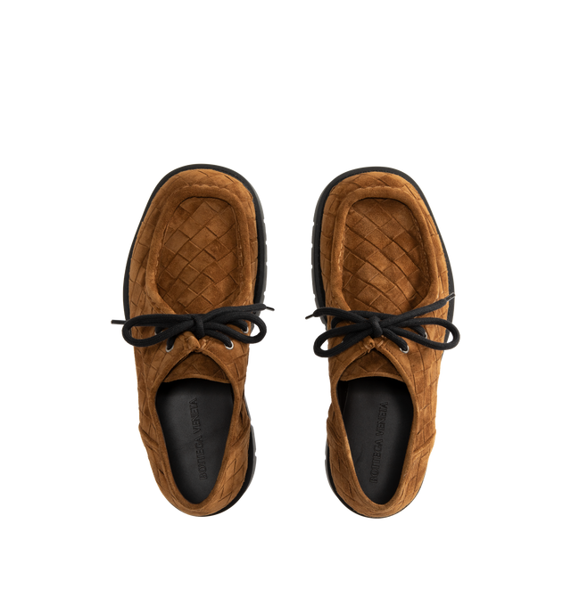 Image 4 of 4 - BROWN - Bottega Veneta Men's Haddock Lace-Up Shoe in smooth suede with all-over Intrecciato craftsmanship. Upper and lining: calfskin suede leather. Rubber outsole. Made in Italy. 