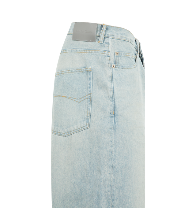 Image 3 of 3 - BLUE - BALENCIAGA Casual Jeans featuring Japanese cotton denim, mid-rise waist, covered button fly, 5 belt loops, 5 pockets, Balenciaga engraved flex buttons and grey Balenciaga logo leather jacron at back. 100% cotton. Made in Japan. 