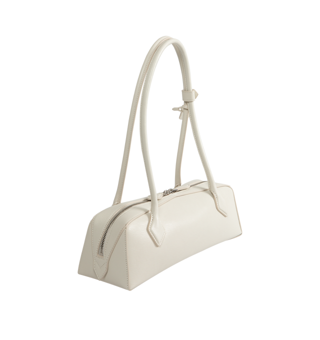 Image 2 of 3 - WHITE - ALAIA LE TECKEL Boston bag with elongated shape featuring long handles signed and held together by 2 decorative fasteners. Features double zip closure, includes a small mirror. Shoulder carry. Dimensions (cm): l 33 x h 11 x d 10. Made in Italy. 