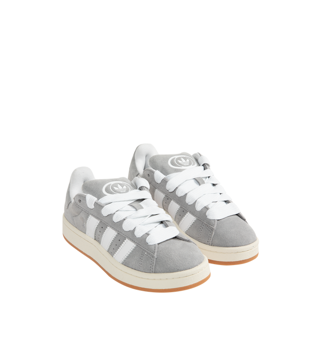 Image 2 of 5 - GREY - ADIDAS Campus 00's shoes in an iconic silhouette updated in modern materials, colors and proportions. Featiring a premium leather upper lined with soft textile terry fabric, off-white midsole, rubber outsole and lace closure. Unisex style in men's sizes. 