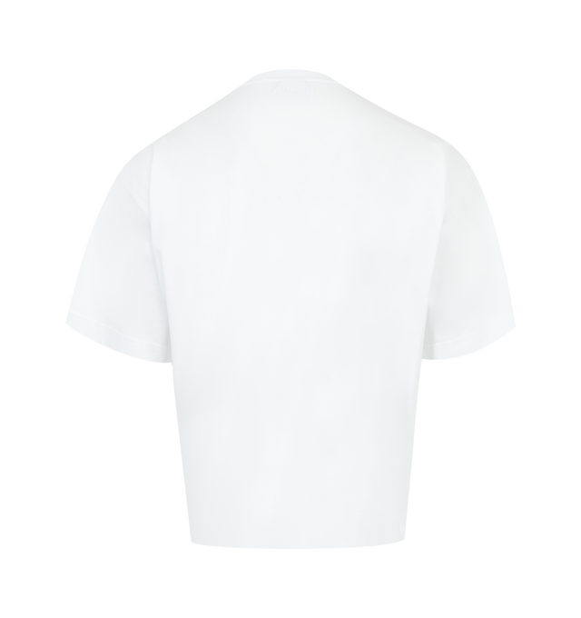 Image 2 of 2 - WHITE - Vetements Vet Cropped Boxy T-Shirt has a crew neck, logo, text printed at the front, a cropped hem, and an embroidered logo at the back. 100% cotton. Made in Portugal.  