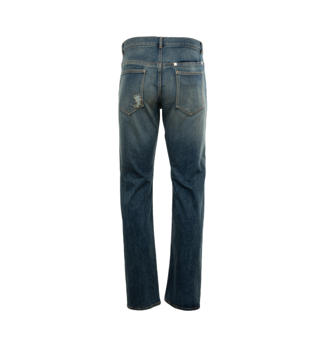 Image 2 of 4 - BLUE - GIVENCHY Straight Fit Jeans featuring vintage denim, light destroyed effect, waist with loops and zipped closure with GIVENCHY metal bar, two front pockets, two back pockets and one hidden pocket on the back, 4G metal rivets in the back and straight fit. 98% cotton, 2% polyurethane. 