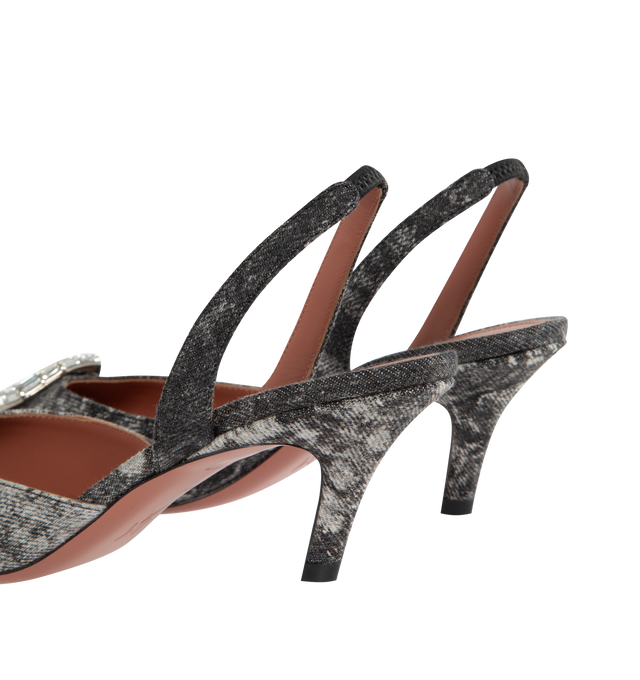 GREY - AMINA MUADDI Camelia Denim Slingback Pumps featuring pointed-toe silhouette, crystal brooch, slanted midi heel and slip on slingback. 60MM. Made in Italy.