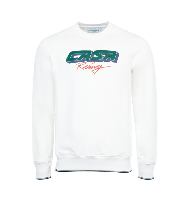 Image 1 of 2 - WHITE - CASABLANCA Casa Racing 3D Sweatshirt featuring french terry, rib knit crewneck, hem, and cuffs, logo graphic printed at chest and intarsia stripes at hem and cuffs. 100% organic cotton. Made in Portugal. 