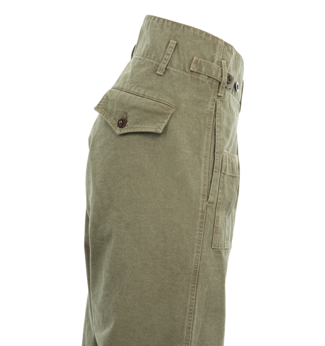 Image 3 of 3 - GREEN - CHIMALA Belgian Waist Gathering Cargo Pants featuring side slit pockets, cargo flap pockets, back flap pocker, belt loops on waist, front pleats, concealed zip closure and straight wide leg.  