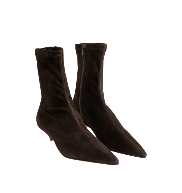 Image 2 of 4 - BROWN - The Row Women's Liisa Kitten Booties are crafted from soft lambskin suede and feature a pointed toe, side zip closure, and a refined kitten heel for an elegant, minimalist silhouette. These designer suede ankle boots combine exceptional Italian craftsmanship with timeless sophistication, making them a versatile choice for effortless day-to-evening styling. Main Material: 100% Lambskin Suede. Sole: Leather. Heel Height: 1.38 in. Made in Italy. 