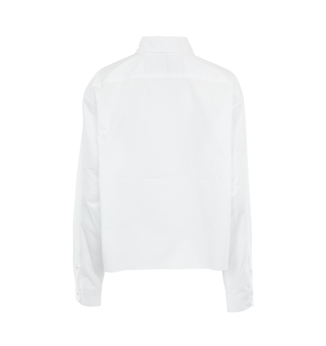 Image 2 of 3 - WHITE - LIBERTINE Sketchy Cropped Classic Shirt featuring a hand silk screen, point collar, button front, long sleeves, button cuffs, yoked back, relaxed fit, cropped length and raw-edge hem. Cotton/elastane. Made in USA. 