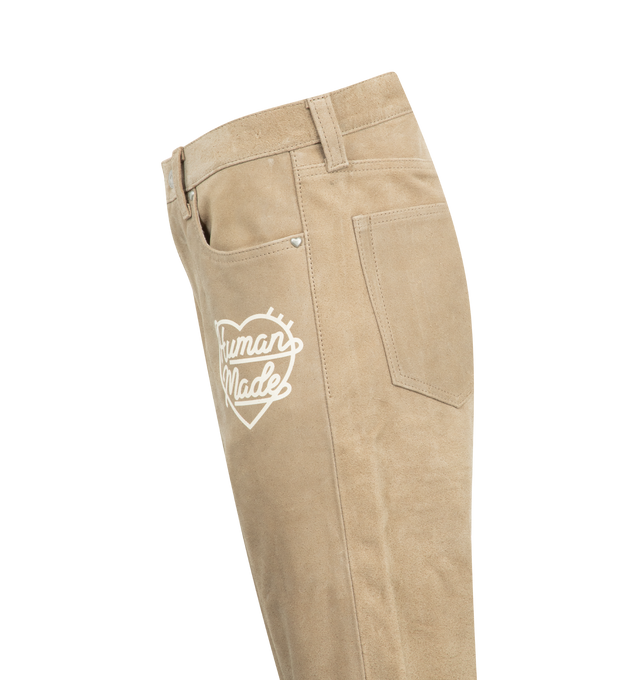 Image 4 of 4 - NEUTRAL - Human Made Leather pants made of suede material with logo graphic, 5-pocket styling and button fly closure. Material: Bovine hide. 