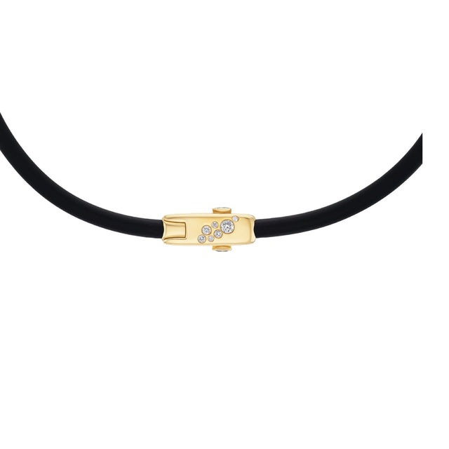 Image 2 of 2 - GOLD - Uniform Object Carbon Torque Necklace featuring 14 g of 18K yellow gold with 0.37 TCW oval diamonds and 0.67 TCW round diamonds. Length: 15". Handcrafted in New York City. Features an Italian-made hypoallergenic rubber band designed for comfort and durability. Hirshleifers offers a range of pieces from this collection in-store. For personal consultation and detailed information about jewelry, please contact our dedicated stylist team at personalshopping@hirshleifers.com. 