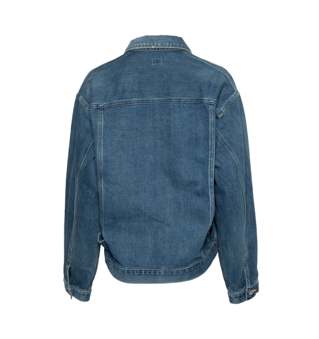 Image 2 of 3 - BLUE - CHIMALA Classic slightly cropped denim jacket with two front pleats for easier movement, a single hip pocket. Crafted from 100% cotton Japanese 13.4 oz selvedge denim woven on 1930's looms, natural indigo dye with a rinse wash. Made in Japan. 