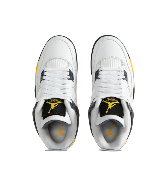 Image 5 of 5 - YELLOW - Air Jordan 4 Retro "Tour Yellow" Sneakers are crafted from premium leather and feature a white upper accented by a speckled Tour Yellow midsole, with Black and Dark Blue Grey details. Designed with the iconic AJ4 basketball silhouette, they are finished with Jumpman heel branding, a foam midsole, Nike Air and Max Air cushioning, and a durable rubber outsole. Main Material: Leather. Sole: Rubber. Cushioning: Nike Air and Max Air. Made for men. 