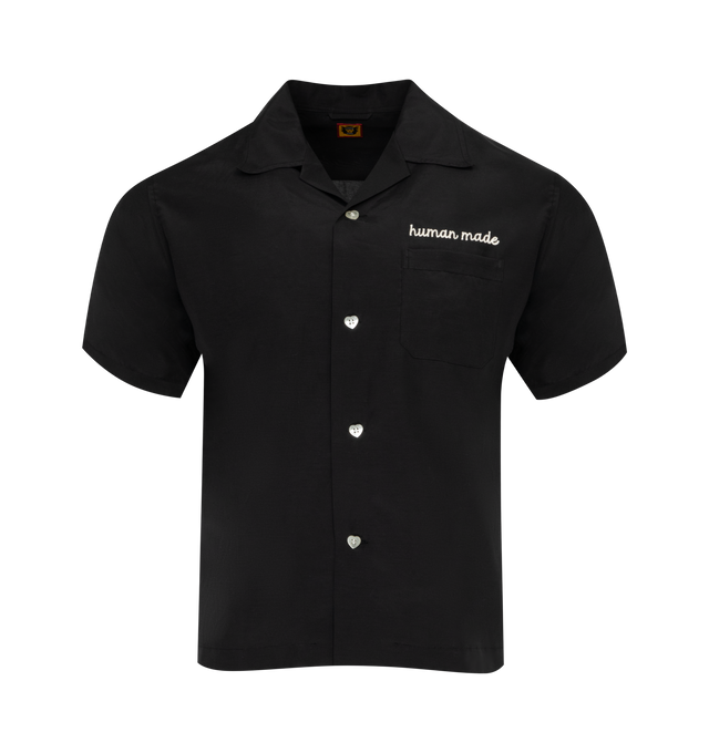 Image 1 of 2 - BLACK - HUMAN MADE Bowling Shirt featuring camp collar, button closure, chest pocket, embroidered branding and graphic on back. 65% rayon, 35% cotton. 