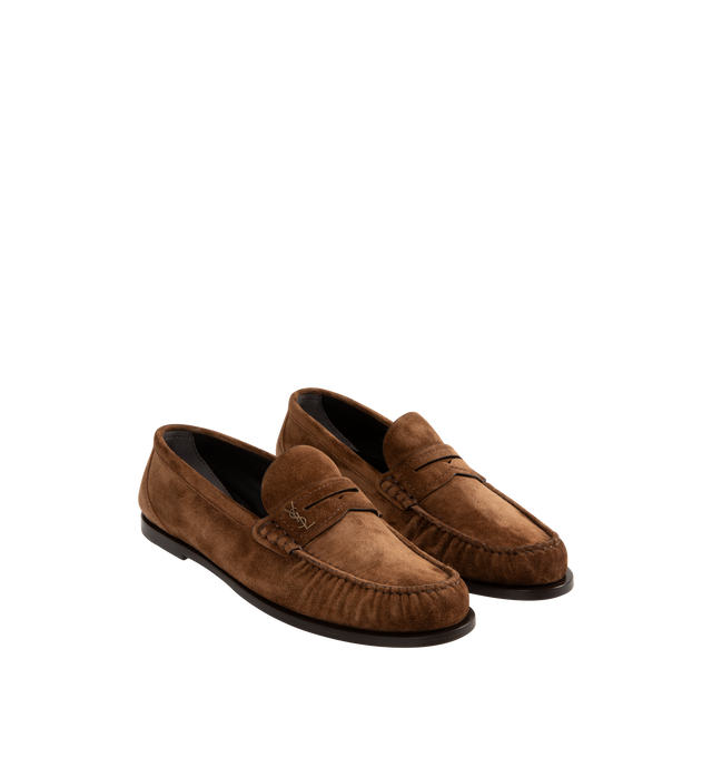 Image 2 of 4 - BROWN - SAINT LAURENT Ryan 05 Penny Loafers in leather featuring stacked heel, round moc toe, penny keeper strap with Cassandre hardware, leather outsole and slip-on style. Made in Italy. 