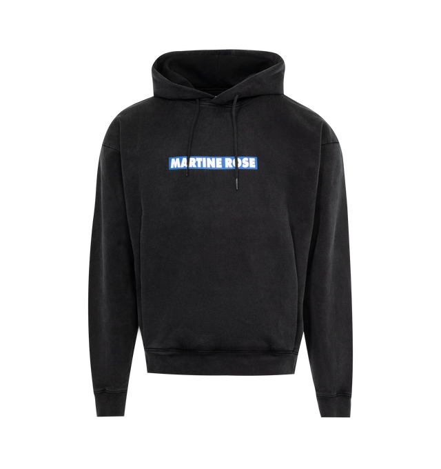 Image 1 of 3 - BLACK - MARTINE ROSE Classic Hoodie made from Martine Rose signature jersey featuring a drawstring hood, front pouch pocket and ribbed trims, and signature Martine Rose logo screen printed in blue and white at the front. Unisex brand in men's sizing. 100% Cotton. Made in Portugal.  