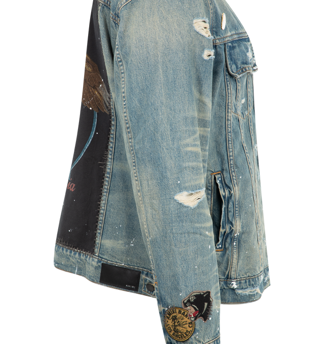 Image 3 of 3 - BLUE - Amiri Vintage Pegasus Trucker Jacket has a classic collar, a button front closure, patch appliques, snap flap chest pockets, side pockets, and overall fading and distressing. 100% cotton. Made in USA.  