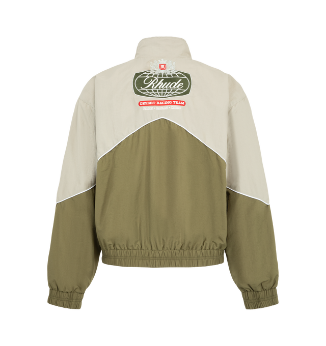 Image 2 of 3 - GREEN - Rhude Desert Racing Track Jacket is crafted from nylon and features a sport-inspired silhouette designed with racing influences. Detailed with graphic branding, a full-zip front, and functional pockets, the jacket combines technical construction with elevated everyday wear. Main Material: 100% Nylon. Lining: 100% Polyester. Made in USA. 