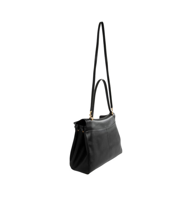 Image 2 of 3 - BLACK - BALENCIAGA Rodeo Large Handbag featuring smooth calfskin, one handle (drop: 9 inch), removable shoulder strap (drop: 22,4 inch), removable leather key holder with two split rings, aged-gold hardware, turn lock closure, wide front pocket, 1 main compartment, 1 inner zipped pocket, 2 flat pockets at back, side snaps, 4 brass feet and nappa lambskin lining. L15.7 x H11.8 x W5.1 inches. Calfskin. Made in Italy. 