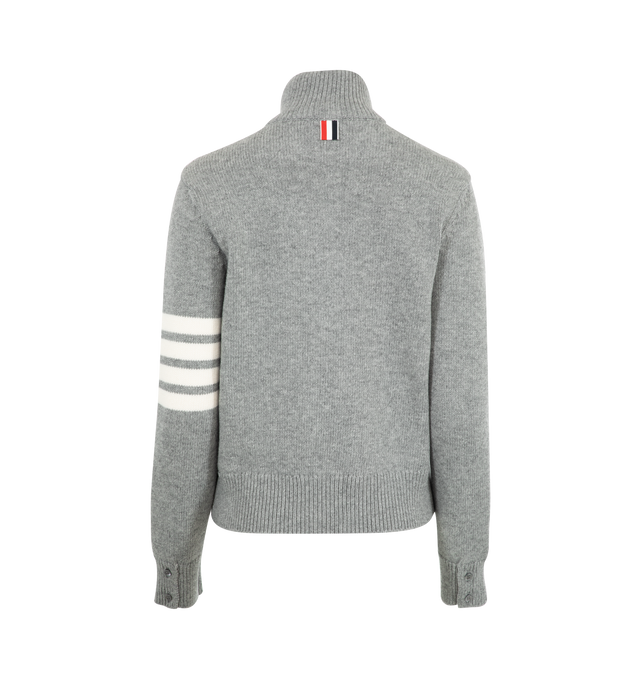 Image 2 of 2 - GREY - THOM BROWNE Funnel Neck Half Zip Pullover featuring ribbed collar, cuffs and hem, half zip, funnel neck, long sleeves, 4-bar detailing and signature striped grosgrain loop tab. Merino wool. 