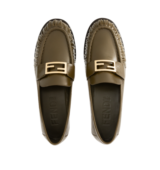 Image 4 of 4 - GREEN - FENDI Leather Loafers featuring rounded toe, FF Baguette accessory on the vamp, gathered apron, flexible wrap-around construction and leather sole with non-slip rubber insert. 100% lambskin. Made in Italy. 