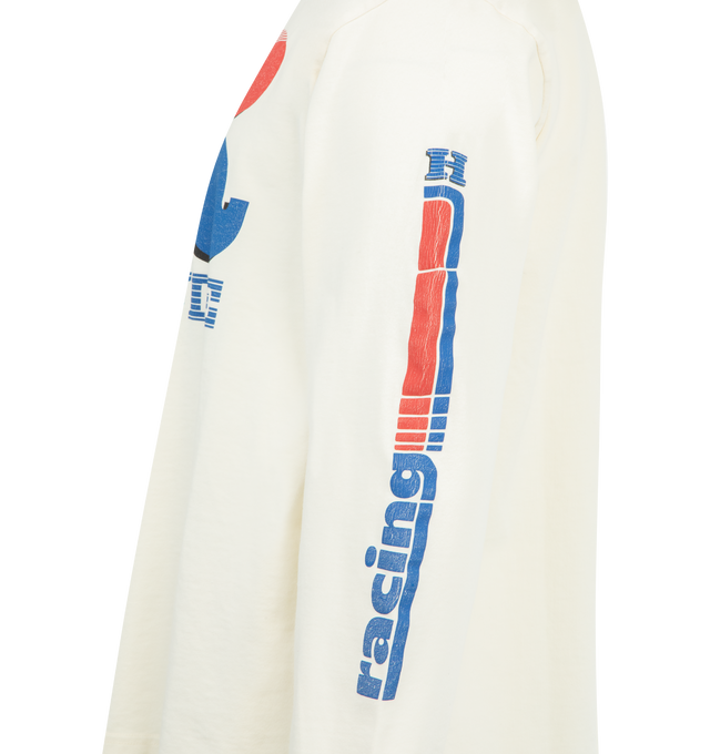 Image 3 of 3 - WHITE - RHUDE Split Petrol Logo T-shirt featuring cotton jersey T-shirt, rib-knit crewneck and cuffs, logo printed at chest and sleeves and dropped shoulders. 100% cotton. Made in United States. 