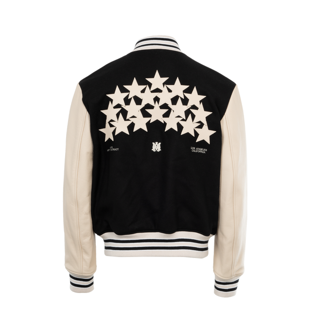 Image 2 of 4 - BLACK - AMIRI Stars Varsity Jacket featuring a constellation of leather star appliqus, striped rib-knit trim, snap front closure, welt zipper pockets and contrasting leather sleeves. 75% virgin wool, 25% nylon. Made in Italy. 