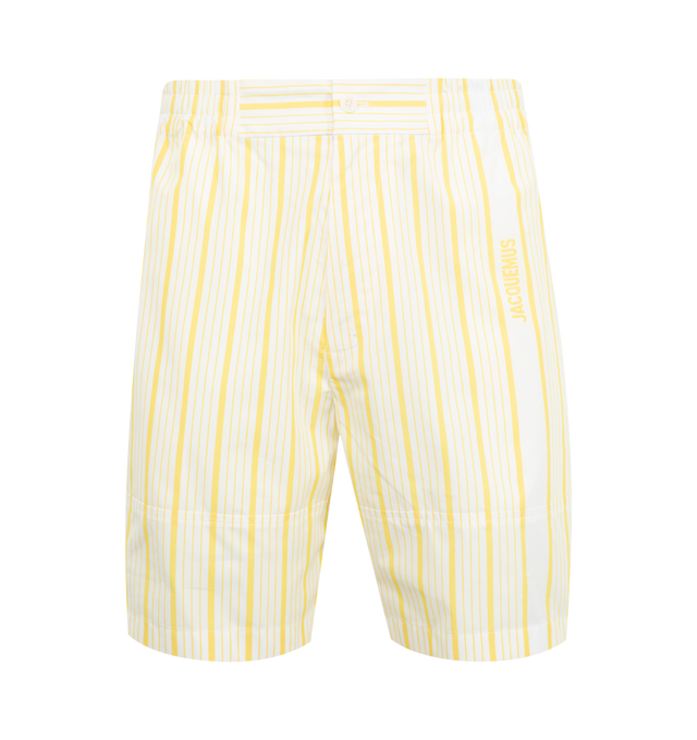 Image 1 of 3 - YELLOW - JACQUEMUS Aloe Striped shorts featuring medium-high rise, jacquard cotton business logo stripes, wide knee-length leg, elasticated waistband, zip fly, one visible button, horizontal leg yoke, four pockets and Jacquemus Club logo label on back. 55% polyamide, 45% cotton. Lining: 100% cotton. Made in Bulgaria. 