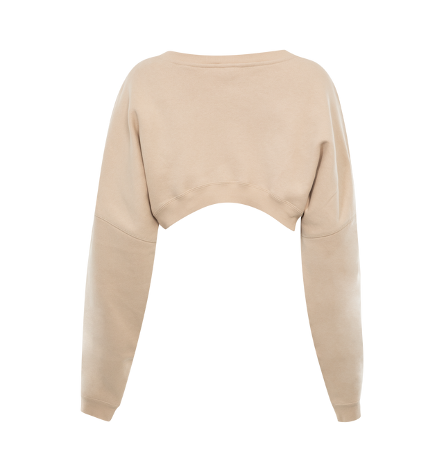 Image 2 of 2 - PINK - SAINT LAURENT Cropped Sweater featuring wide round neck, ribbed trims, drop shoulder and tonal logo embroidery on sleeve. 100% cotton. Made in France.  