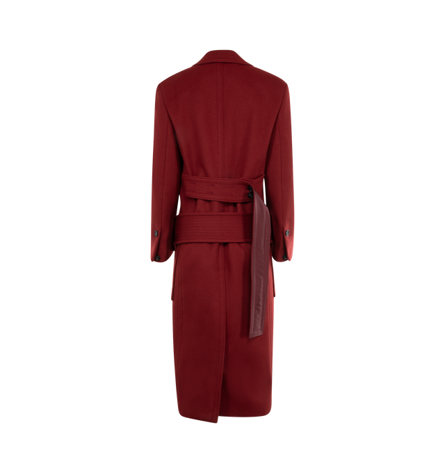 Image 2 of 2 - RED - Ferragamo double wool and cashmere coat with a wider shoulder balanced by a fitted waist, which can be cinched via the longline martingale belt at the back. A wide removable belt sits at the hips and is fastened at the front via a double buckle. The garment is fully lined with high button up cuffs and an ironed crease along the sleeve that echoes the new contemporary elegance. 85% pure virgin wool, 15% cashmere. Made In Italy. 