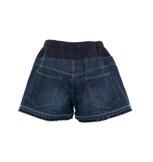 Image 2 of 4 - BLUE - SACAI Paneled Denim Shorts featuring paneled construction, drawstring at elasticized waistband, four-pocket styling, mock-fly, logo-engraved bronze and silver-tone hardware and contrast sticking in orange. 100% cotton. Trim: 60% cotton, 40% polyamide. Made in Japan. 