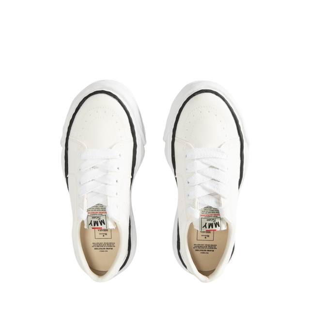 Image 5 of 5 - WHITE - Maison Mihara Yasuhiro Men's Eric Sneakers feature the brand's signature hand-sculpted OG sole, a mixed-material suede and canvas upper, and distinctive toe stitching for a bold contemporary look. Designed for the Spring/Summer 2026 collection, these designer low-top sneakers combine Maison Mihara Yasuhiro's experimental aesthetic with everyday comfort, while the handcrafted-inspired sole and intentional vintage detailing create a truly distinctive silhouette. Main Material: Cow Leath 