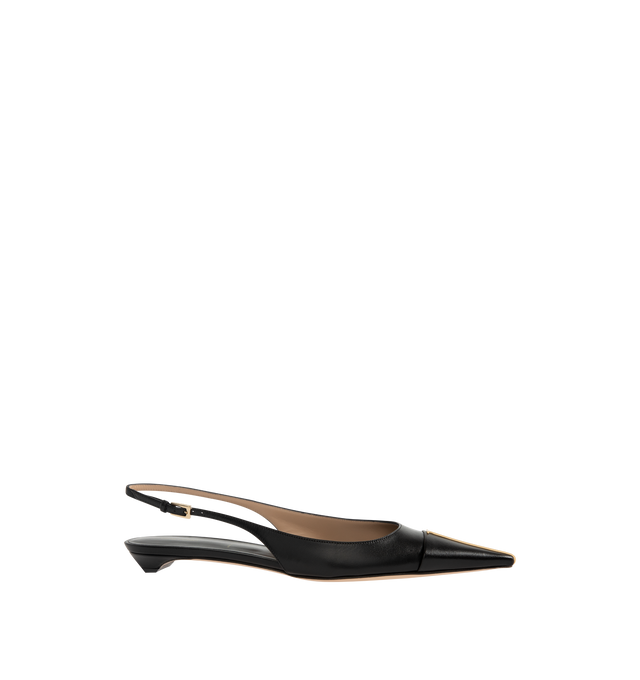 Image 1 of 4 - BLACK - Tom Ford Womens Thea Slingback Ballerina Flats are crafted from shiny goatskin leather. Feature a pointed toe with signature pale gold-tone T metal detail, adjustable slingback strap, leather sole, and 1.5 cm heel. Main Material: 100% Goatskin Leather; Sole: Leather. Made in Italy. 