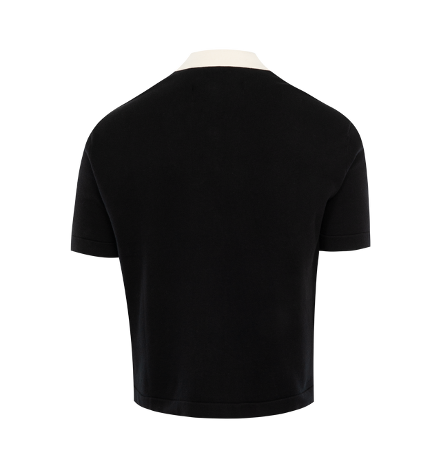 Image 2 of 2 - BLACK - MR. SATURDAY Knit Polo Shirt featuring standard fit, contrast spread collar, short sleeves and intarsia knit graphic on front. 93% cotton, 7% cashmere.  